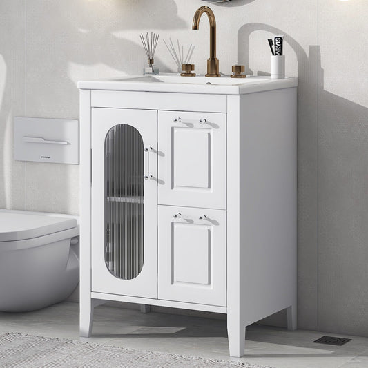 ModernLuxe 24inch Bathroom Vanity with Sink Bathroom Vanity Cabinet with Two Drawers and Door Adjustable Shelf Solid Wood and MDF White