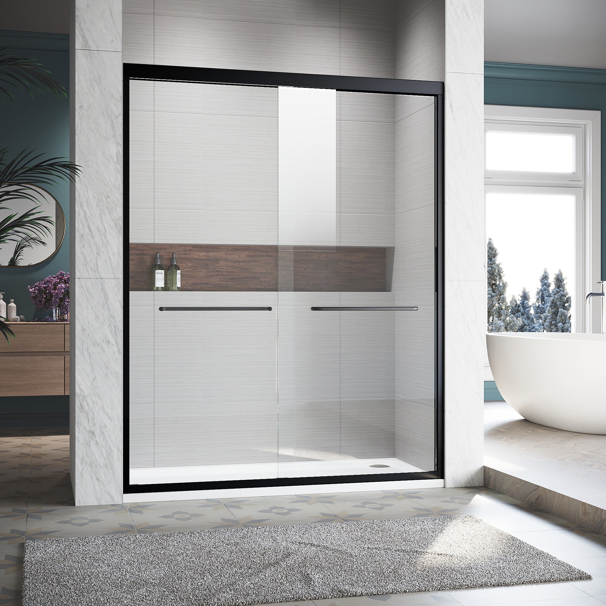 Tatayosi Sliding Shower Glass Door 56-60 in W x 72 in H Adjustable Semi Frameless Shower Door Certified Thick Clear Clear Tempered Glass 304 Stainless Steel Handles Black Finish