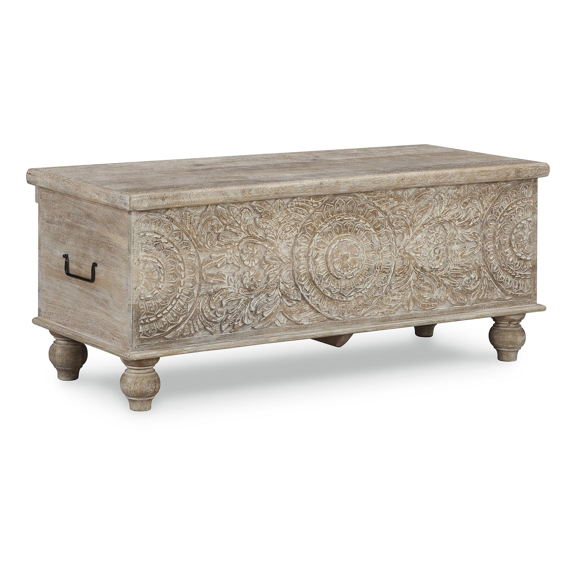 Signature Design by Ashley Fossil Ridge Storage Bench Traditional Style Antique White Finish Solid Wood with Black Metal Handles