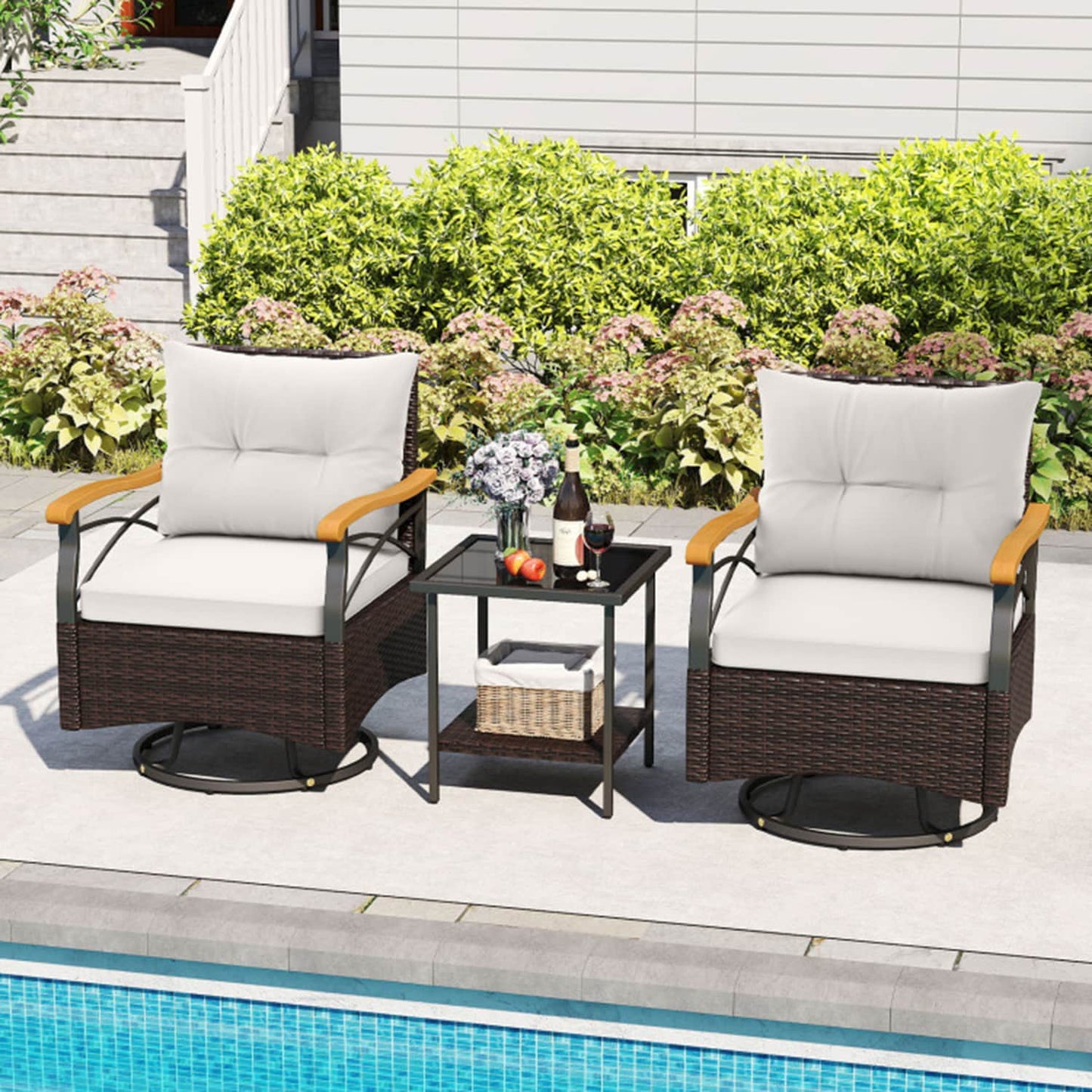 Mondawe 3 -Piece Rattan Patio Conversation Set with Off-white Cushions