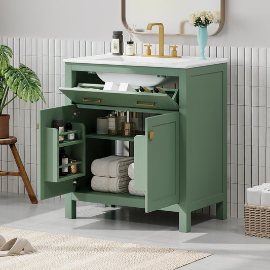 ModernLuxe 30inch Bathroom Vanity with Ceramic Sink Modern Green Single Bathroom Cabinet with 2 Doors and a Shelf Soft Close Doors
