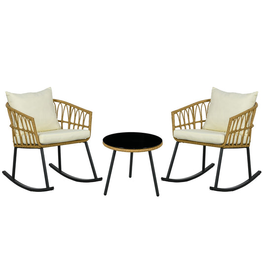 GZMR 3 Piece Bistro Set with Cushions 3 -Piece Brown Rattan Bistro Patio Dining Set Steel Round Table with 2 Off-white Cushions Rocker Chairs