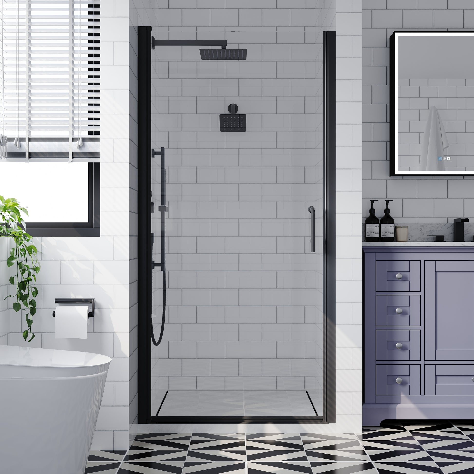 WELLFOR EX Small Pivot Shower Door Black 35-1/2-in to 36-in W x 72-in H Semi-frameless Clear Glass Pivot Shower door