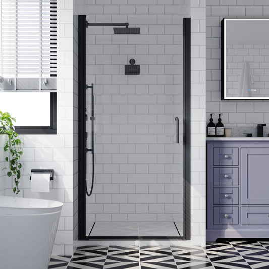 WELLFOR EX Small Pivot Shower Door Black 35-1/2-in to 36-in W x 72-in H Semi-frameless Clear Glass Pivot Shower door