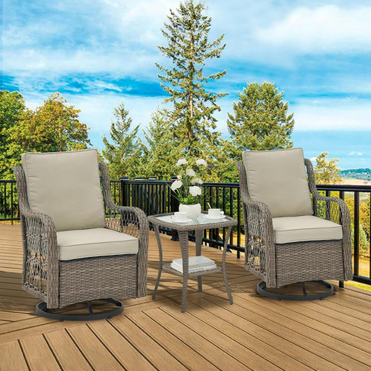 Qeetex 3 Piece Outdoor Patio Set Wicker Rocking Bistro Set with 2 Swivel Chairs and Tempered Glass Top Table Rattan Outdoor Furniture with Cushions for Patio Porch Backyard