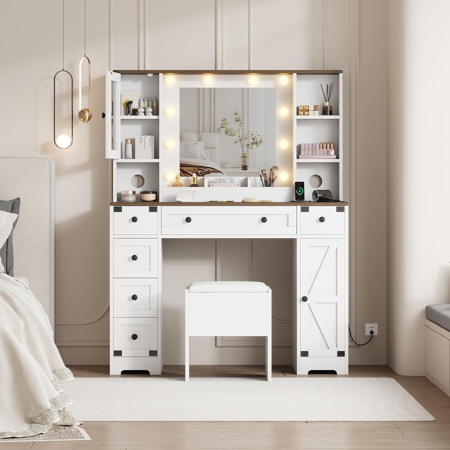 Qeetex Makeup Vanity and Stool - Vanity Desk with Lights in 3 Colors - White Vanity Table with Charging Station - 6 Drawers and Cabinets