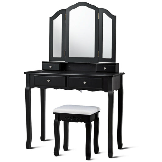Slickblue 35 in Black/White Makeup Vanity with Triple Square Mirrors and 4 Drawers for Bedroom or Dressing Area