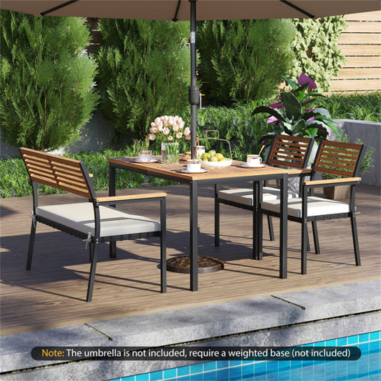 BABOOM Patio Furniture Set Outdoor Dining Chair Set 4 -Piece Black Patio Dining Set Wood Rectangle Table with 2 Off-white Cushions Stackable Stationary Chairs