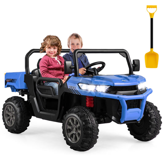 Slickblue 24V Blue 2-Seater Kids Electric Dump Truck (Battery Included and Charger Included) with Motorized Bed Remote Control and LED Lights