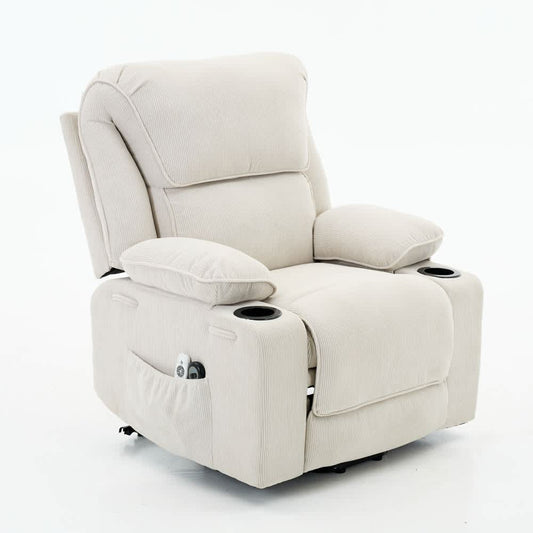Coolbibila Ivory Corduroy Power Lift Recliner Chair with Heat and Massage Remote Control for Senior Living Room
