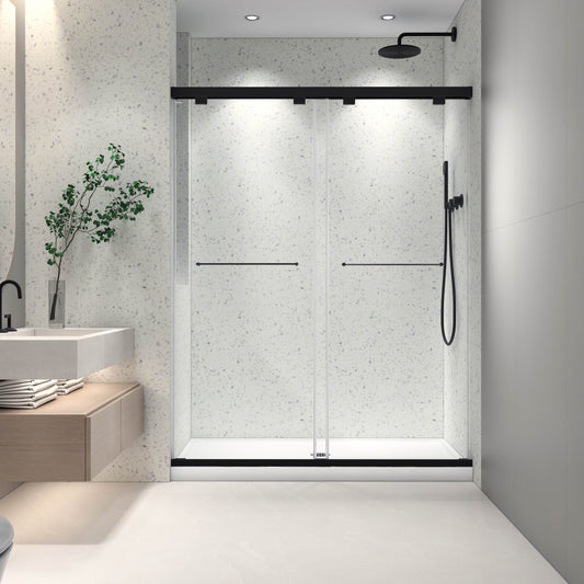 LOVMOR North American Frameless Double Sliding Matte Black Shower Door With Adjustable Soft Closing Function 8mm Tempered Glass With Nano Easy Cleaning And Stick Explosion-proof Menbrance