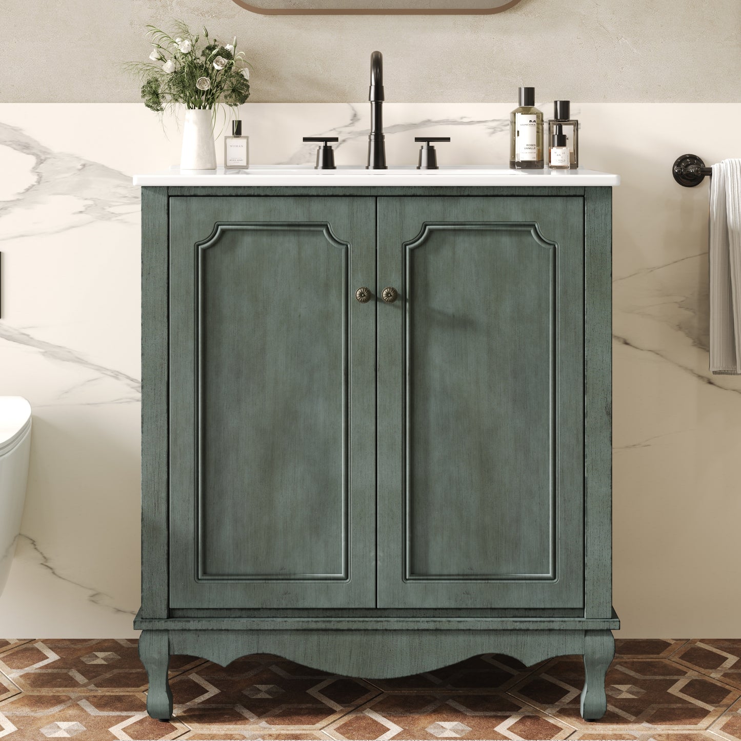 Christopher Knight Home Nana 30-inch Vintage Bathroom Vanity with Ceramic Sink and Wood Frame and Adjustable Shelves - Antique Blue Green
