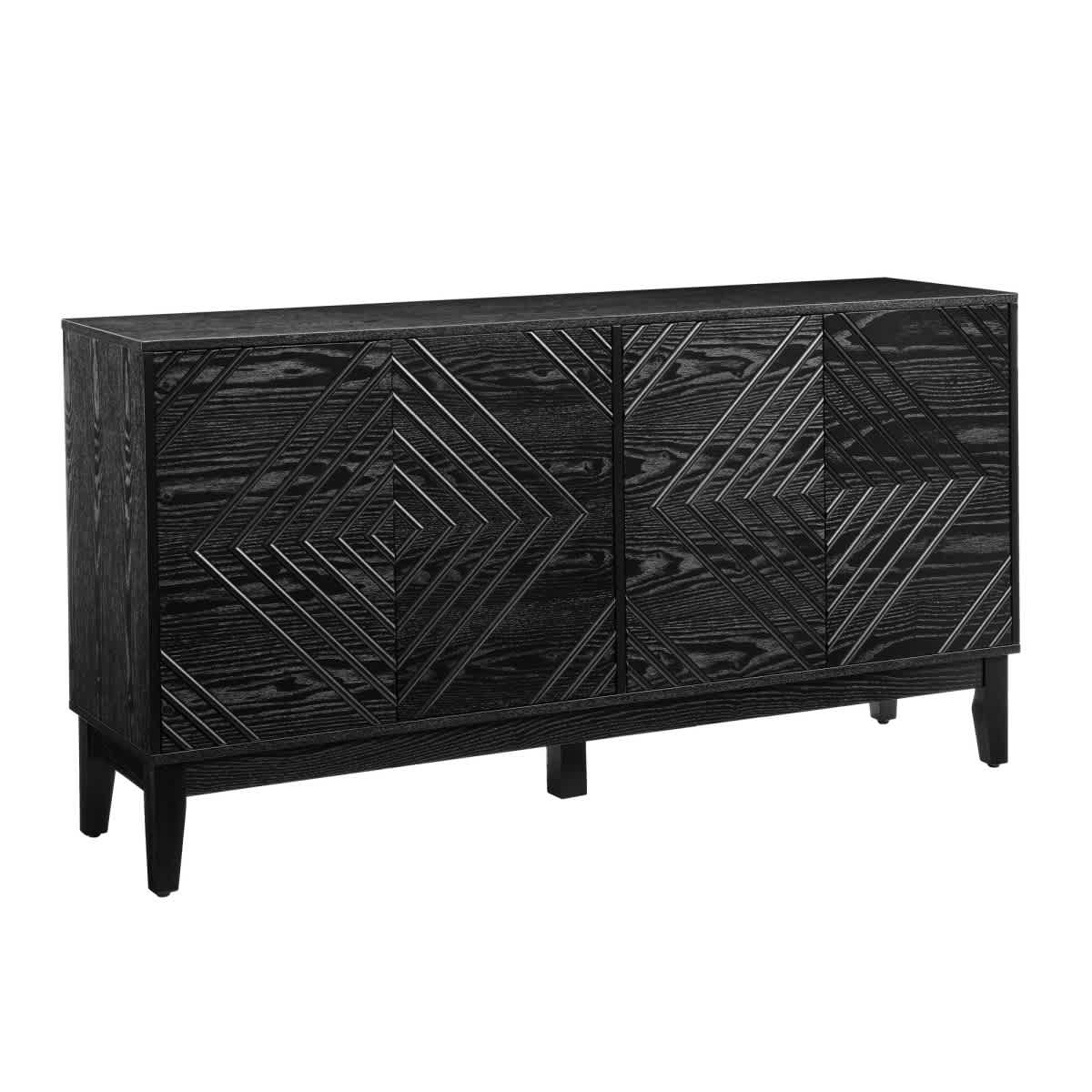 Maison Boucle 60.5 Inch Black Fluted Sideboard Buffet Cabinet with Geometric Doors Storage Cabinet for Dining Room