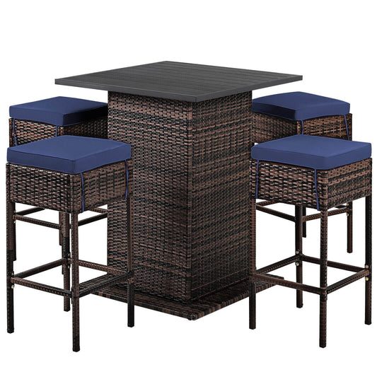 Slickblue Outdoor 5-Piece Navy/Red PE Rattan Patio Dining Set â€“ PS Table with 4 Chairs and Cushions Included