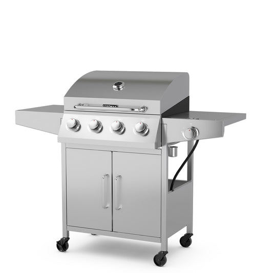 Slickblue 4-Burner Propane Gas Grill with Side Burner and 2 Prep Tables â€“ 516 sq. in Silver Portable for Backyard and Outdoor