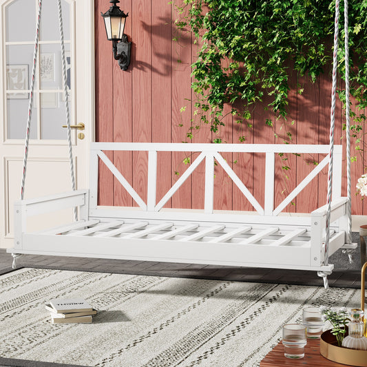 LOVMOR Acacia Wood Twin Size Patio Swing Bed Modern Porch Swing Hanging Bed Frame Ropes White