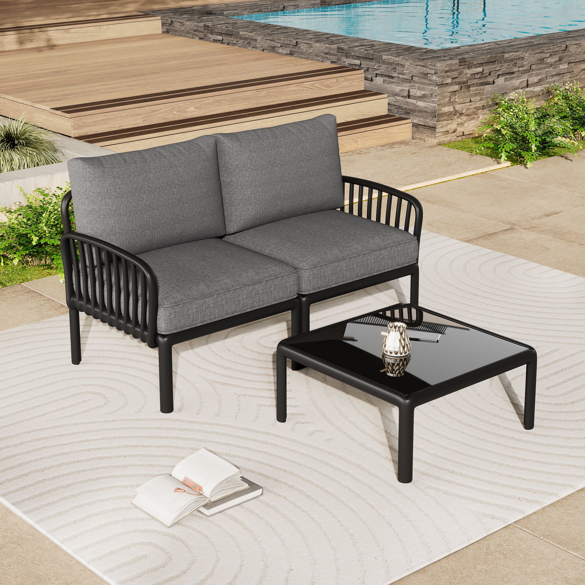 LOVMOR Modern Patio Sectional Furniture Set with Square Coffee Table Waterproof Thick Cushion Deep Seating Black and Dark Gray