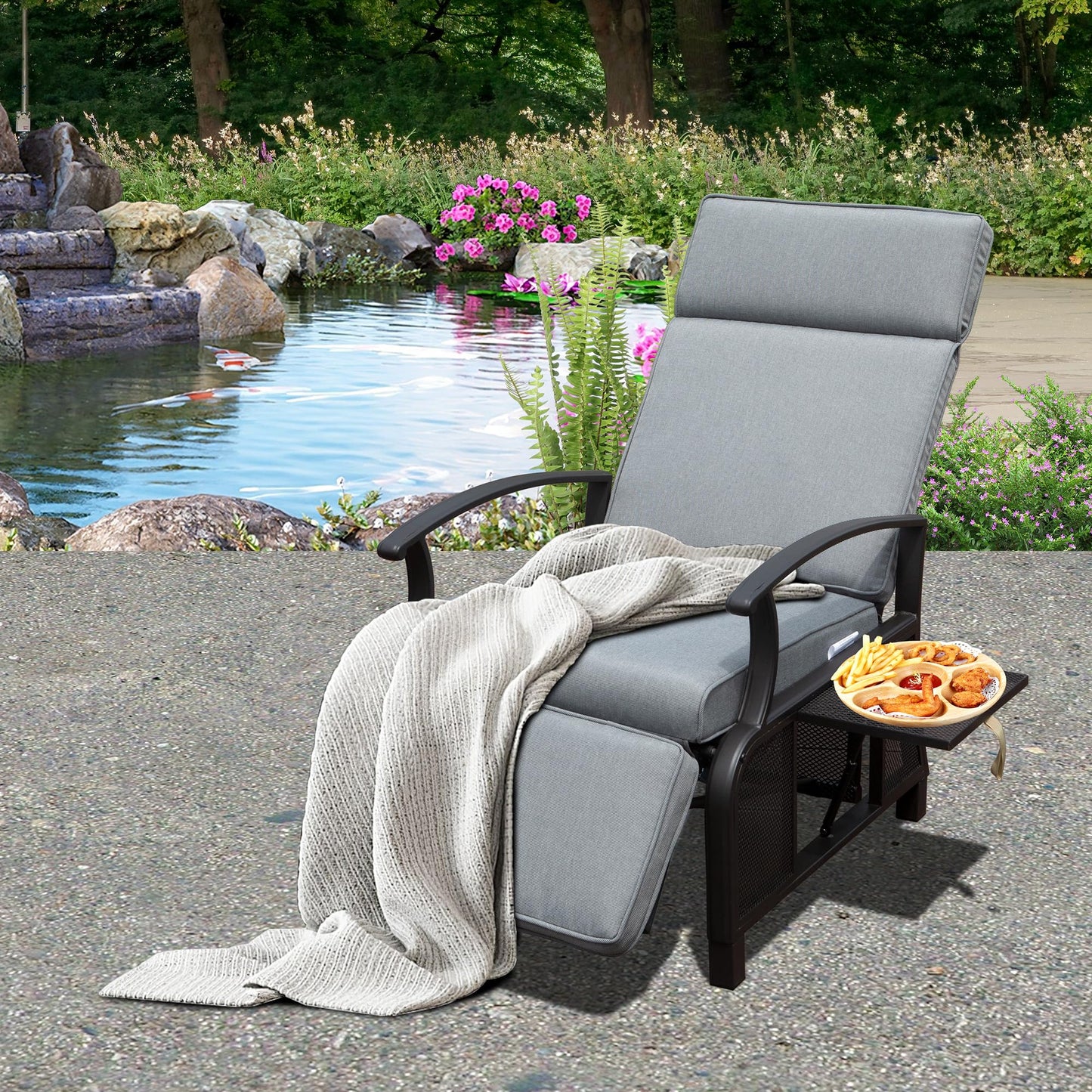 Boyel Living Metal Outdoor Recliner with Flip Table Push Back and Gray Cushions
