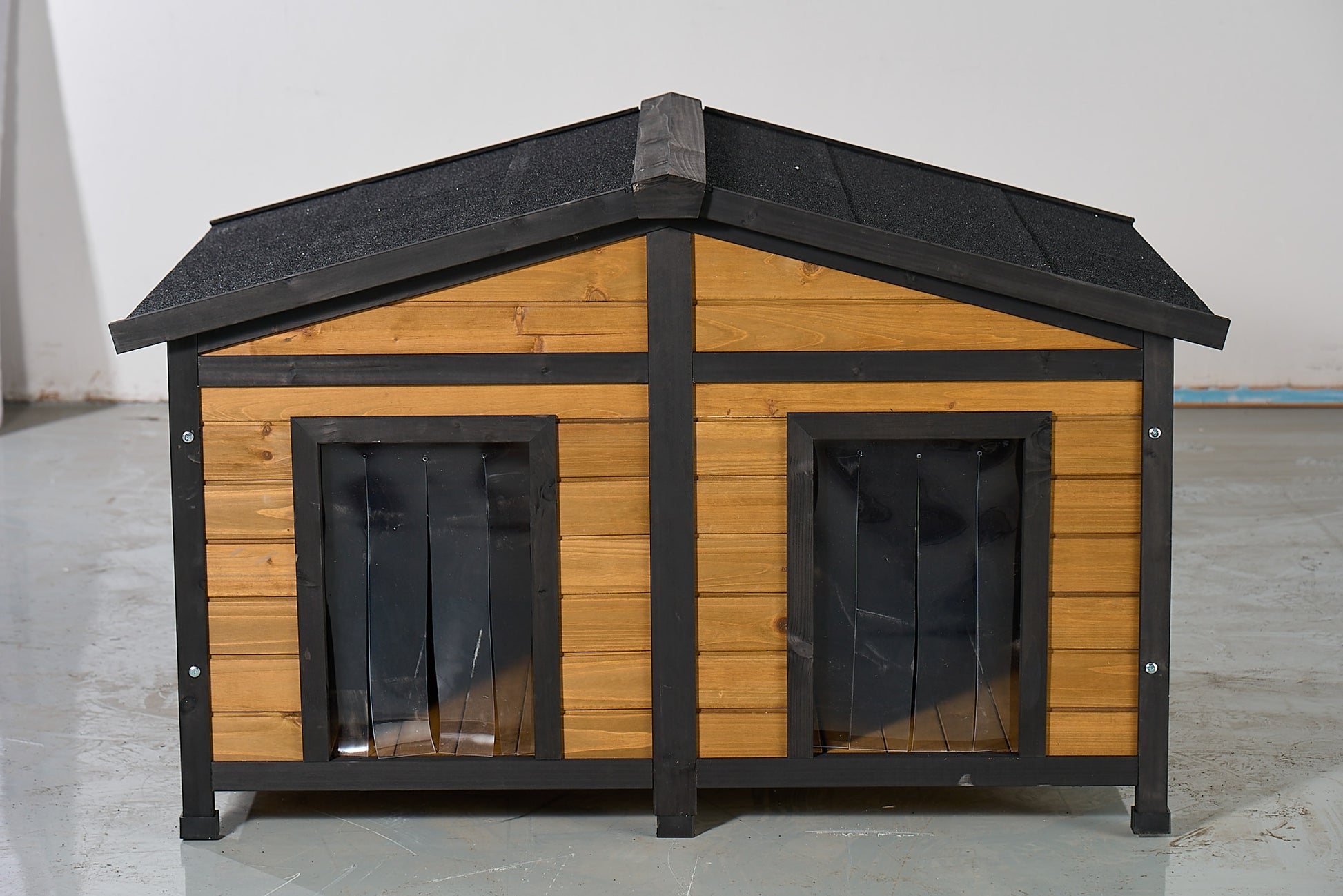 LOVMOR Large Outdoor Wooden Dog House with Dual Doors Waterproof Asphalt Roof Fir Wood Dog Shelter