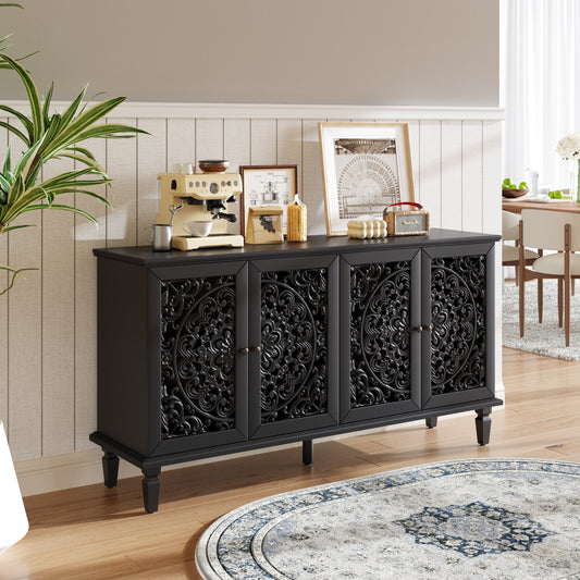 LOVMOR 60 inchesAntique Buffet Cabinet with Floral Carvings with Solid Wood Legs Antique Brass Handles Adjustable Shelves TV Stand for 65 TV Sideboard for Living Room Dining Room Black