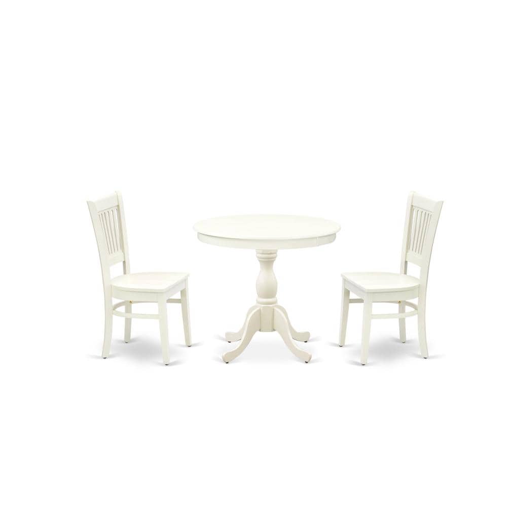 East West Furniture 3 Pc Dining Room Table Set  2 Dining Room Chair and Dining Table Wooden Seat and Slatted Chair Back Linen White Finish