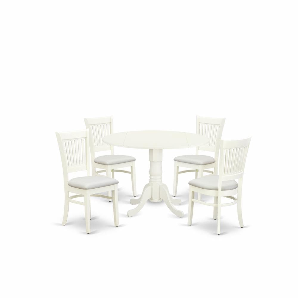 East West Furniture 5 Piece Kitchen Table Set  4 Dining Chairs with Linen Fabric Seat and Slatted Chair Back Drop Leaves Dining Table Linen White Finish