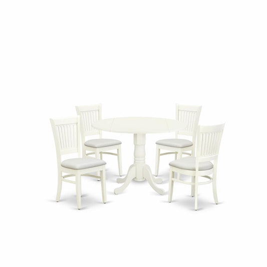 East West Furniture 5 Piece Kitchen Table Set  4 Dining Chairs with Linen Fabric Seat and Slatted Chair Back Drop Leaves Dining Table Linen White Finish