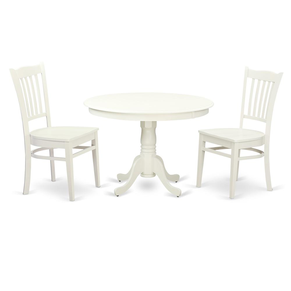 East West Furniture 3 Pc set with a Round Table and 2 Wood Dinette Chairs in Linen White