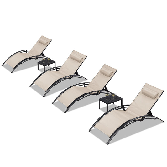 PURPLE LEAF Streamlined Stackable Adjustable Chaise lounge With Table Set of 4 Stackable Standard Aluminum Frame Stationary Chaise Lounge Chair with Brown Cushioned Seat