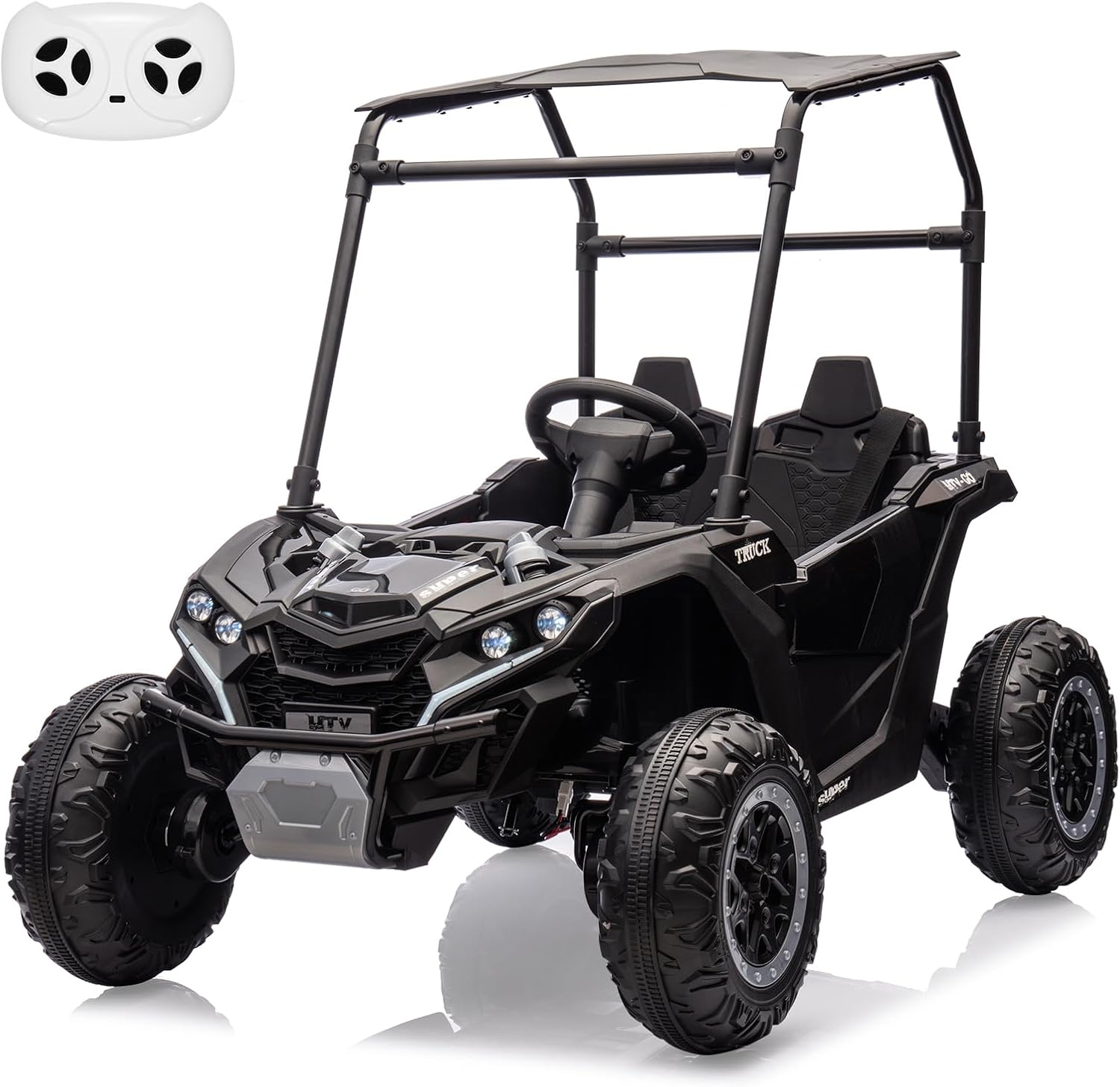 Qeetex 24V Ride On Utv for Kids 2 Seater Electric Truck with Sun Shade 4WD Electric Car Toy with Remote Control Led Lights 4 Shock Absorbersm One Click Start Music Player(Black)