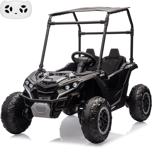 Qeetex 24V Ride On Utv for Kids 2 Seater Electric Truck with Sun Shade 4WD Electric Car Toy with Remote Control Led Lights 4 Shock Absorbersm One Click Start Music Player(Black)