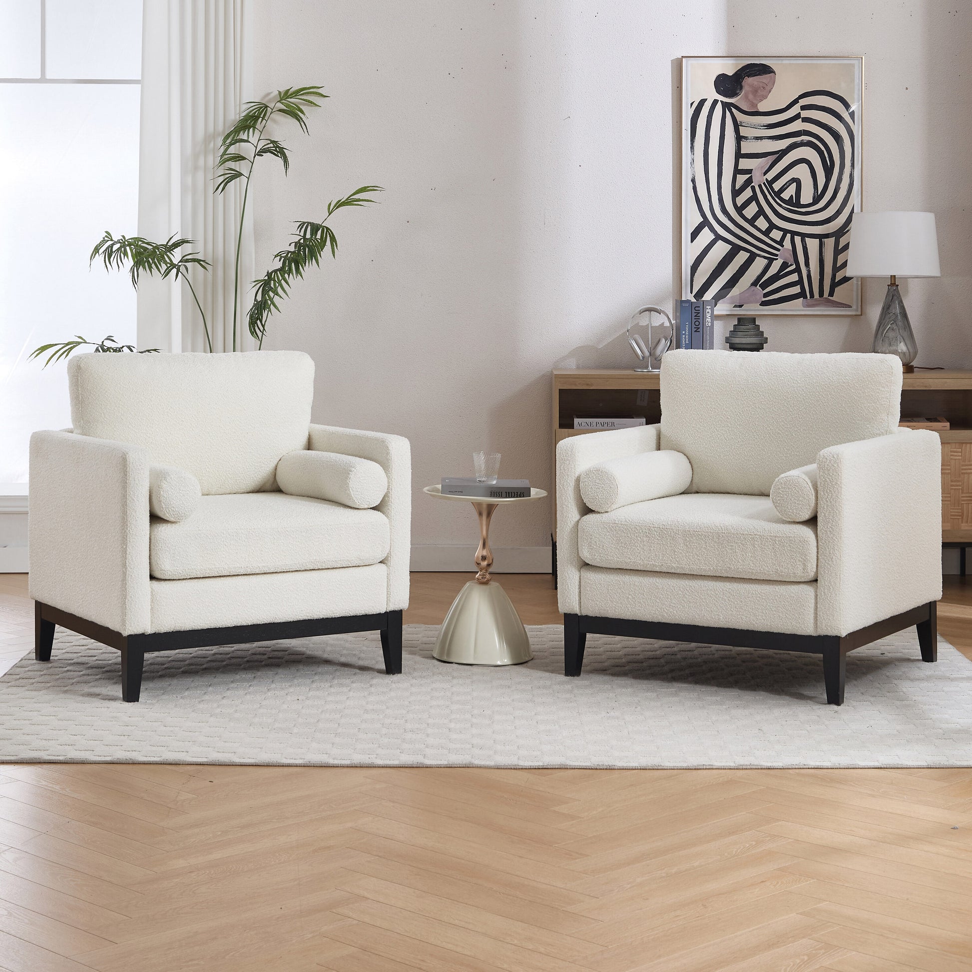 Hrinhom 35.4-in W Modern Ivory/Black Legs Boucle Accent Armchair