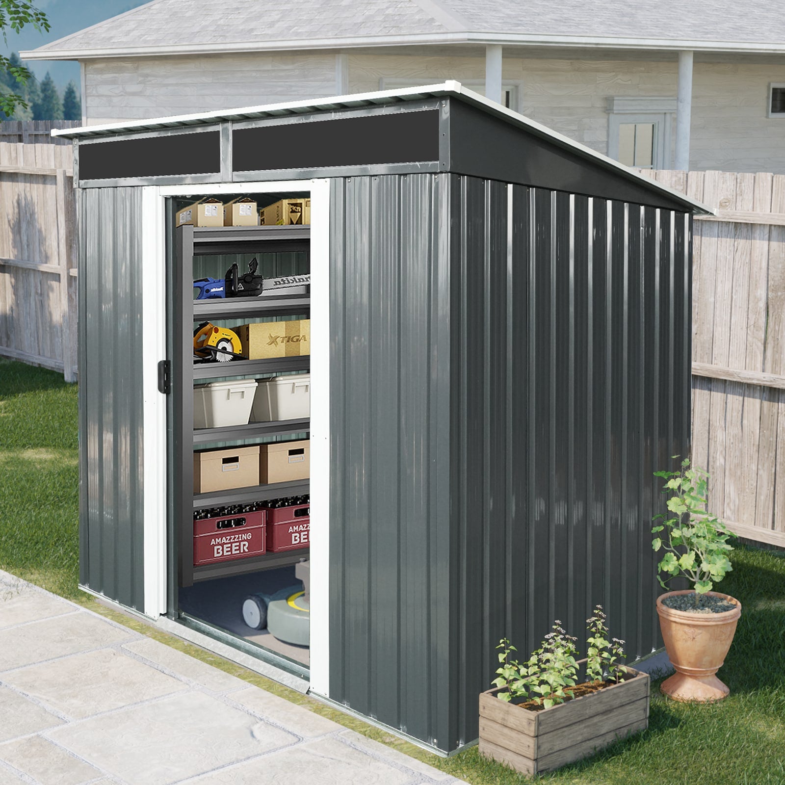 LOVMOR 6ft x 5ft Outdoor Metal Storage Shed with Window and Transparent plate for Garden Lawn Black and White