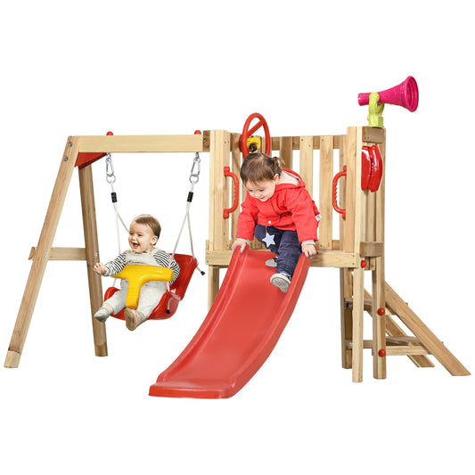 Outsunny  4in1 Wooden Swing Set Kids Outdoor Playset with Swing Slide Horn Steering Wheel Toddler Playground Set