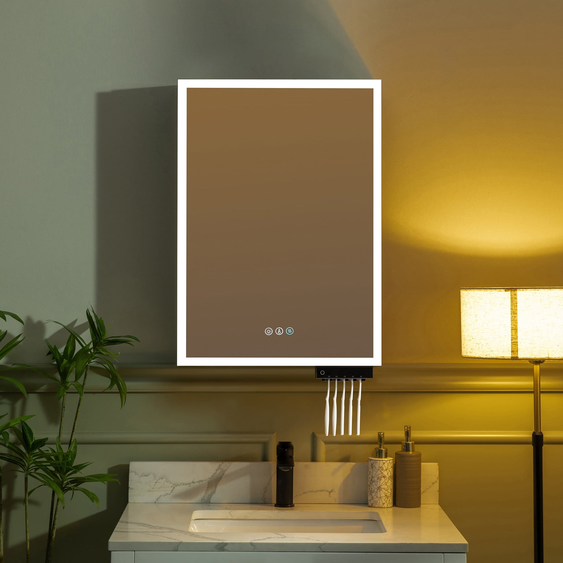 Woodbridge M2028-IV 19.75-in x 27.75-in Lighted LED Fog Free Surface Mount White Interior Mirrored Rectangle Soft Close Medicine Cabinet with Outlet