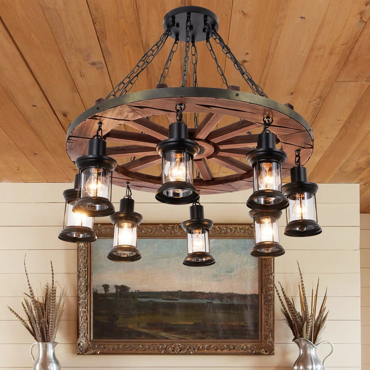 EFPERFECT 43 Inch Vintage Wooden Pendant Lamp Trolley Wheel Chandelier E26 8 Bulb Height Adjustable