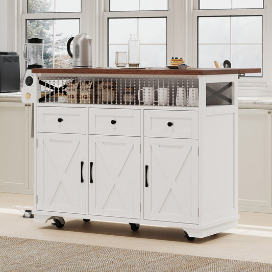 Runesay White Wood Base with Wood Wood Top Rolling Kitchen Island ( 27.5-in x 46.5-in x 38.6-in )