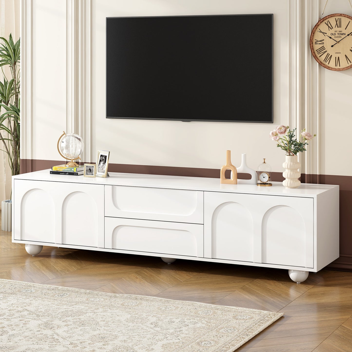 Tatayosi 69 Inch Cream TV Stand with Arched Doors and Push Open Design for TVs Up to 75 Inches