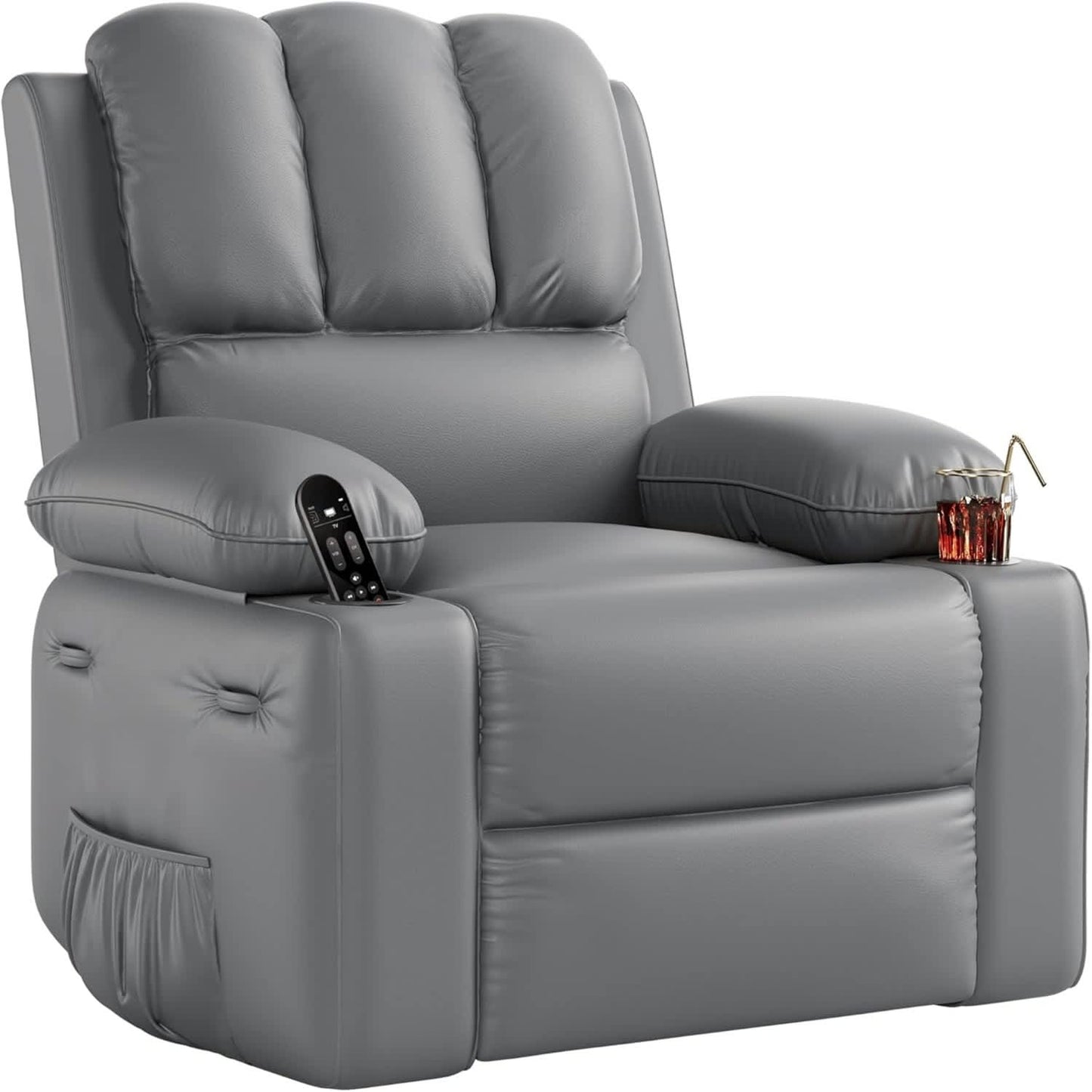 Qeetex 22-in Grey 1 -seater PU Leather Reclining Sofa with Side Pocket  2 Cup Holders