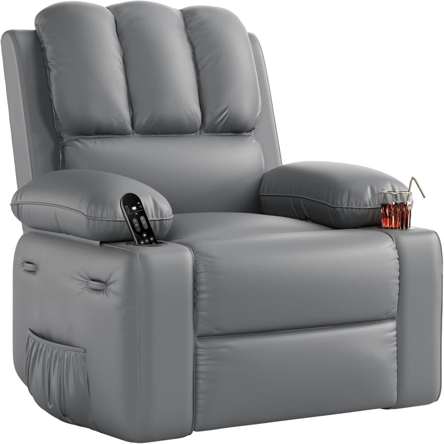 Qeetex 22-in Grey 1 -seater PU Leather Reclining Sofa with Side Pocket  2 Cup Holders
