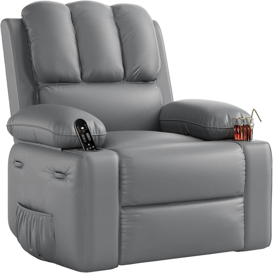 Qeetex 22-in Grey 1 -seater PU Leather Reclining Sofa with Side Pocket  2 Cup Holders