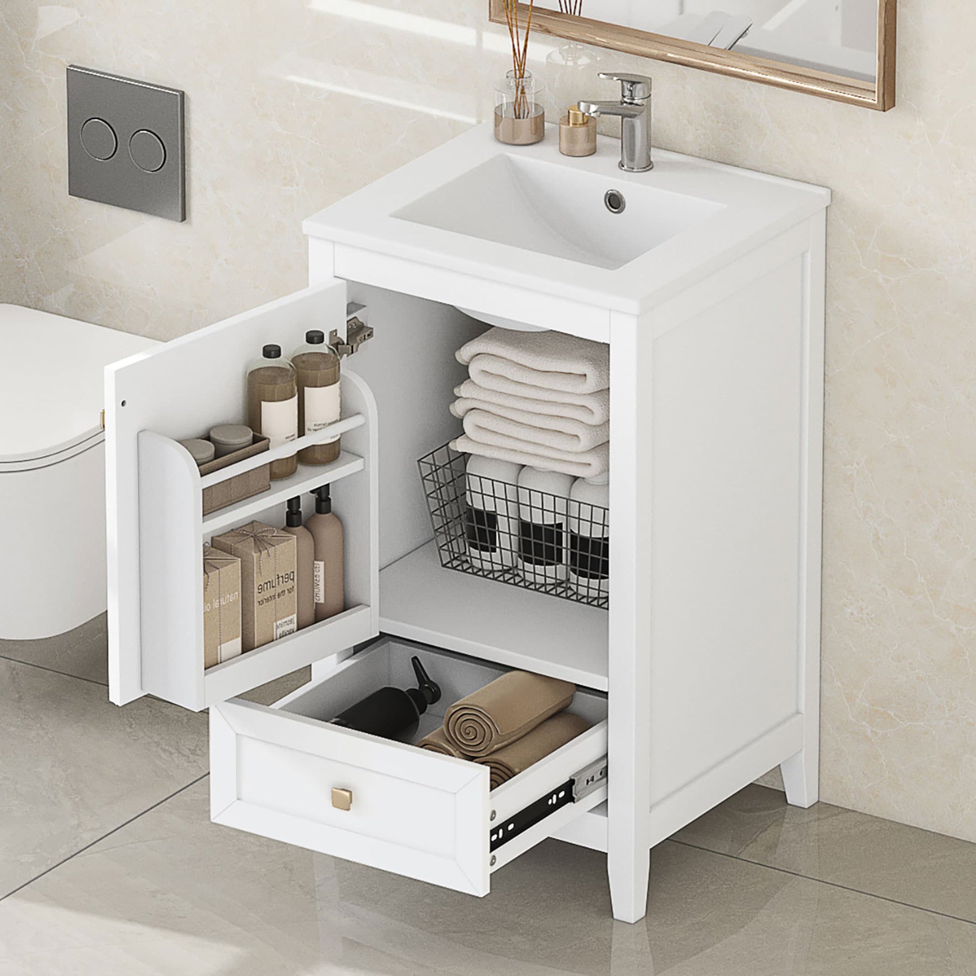 GDFStudio 20 Inches Bathroom Vanity Cabinet with Sink with Soft Closing Door and Storage Rack and a Drawer White