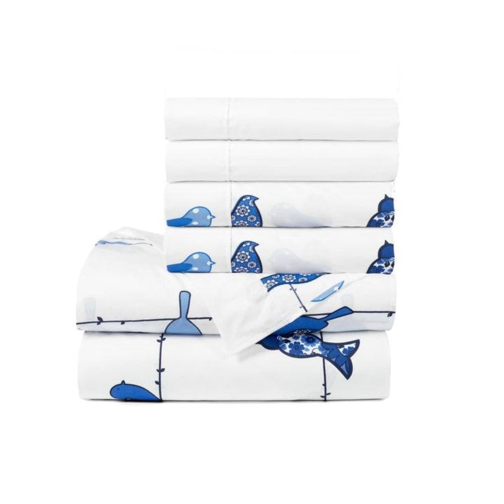 Slickblue King/Queen Polyester Blue and White 6-Piece Bed Sheets â€“ Birds Print Hypoallergenic and Breathable for Bedroom or Guest Room
