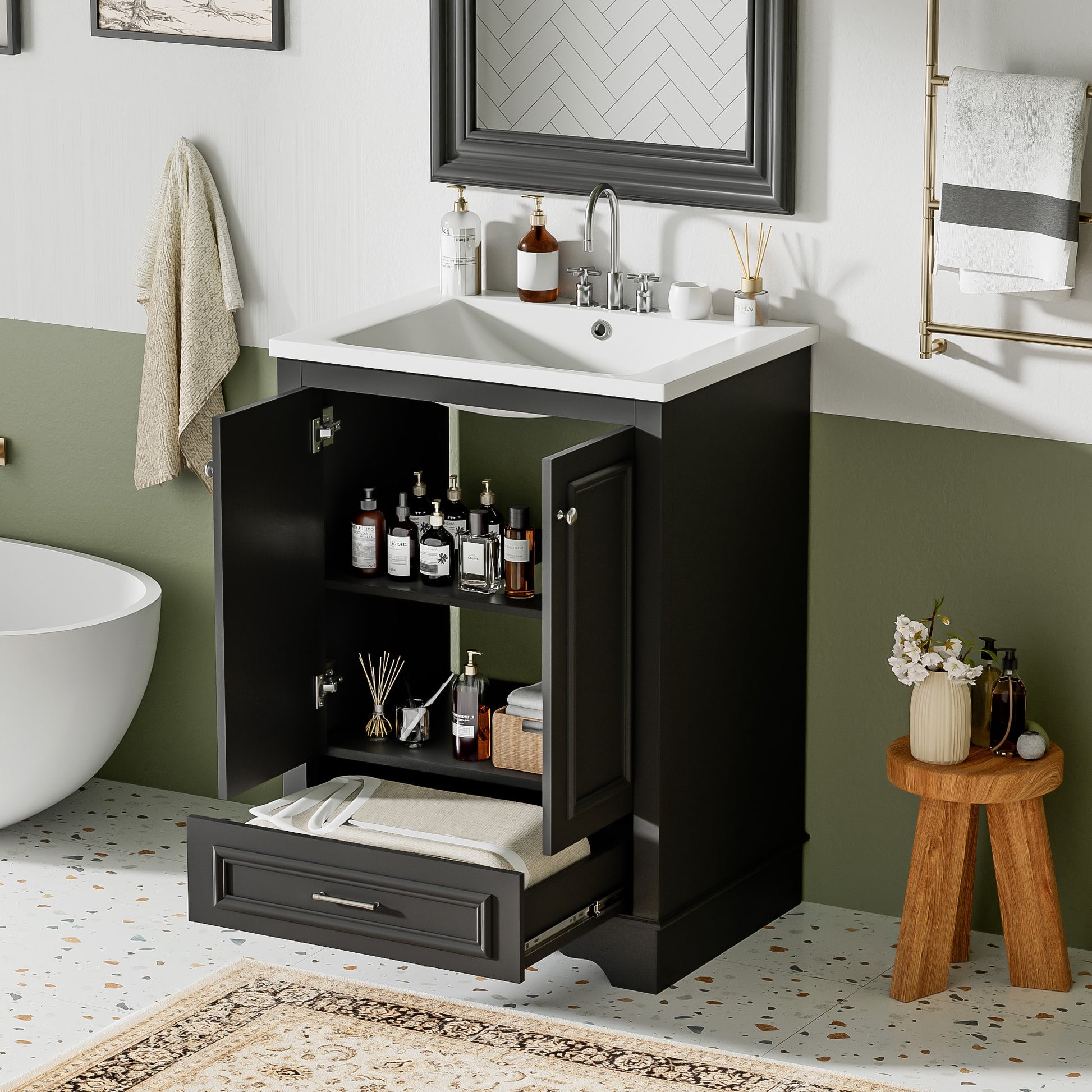 Aortzio Unassembled 24-in Black Undermount Single Sink Bathroom Vanity with Black Ceramic Top