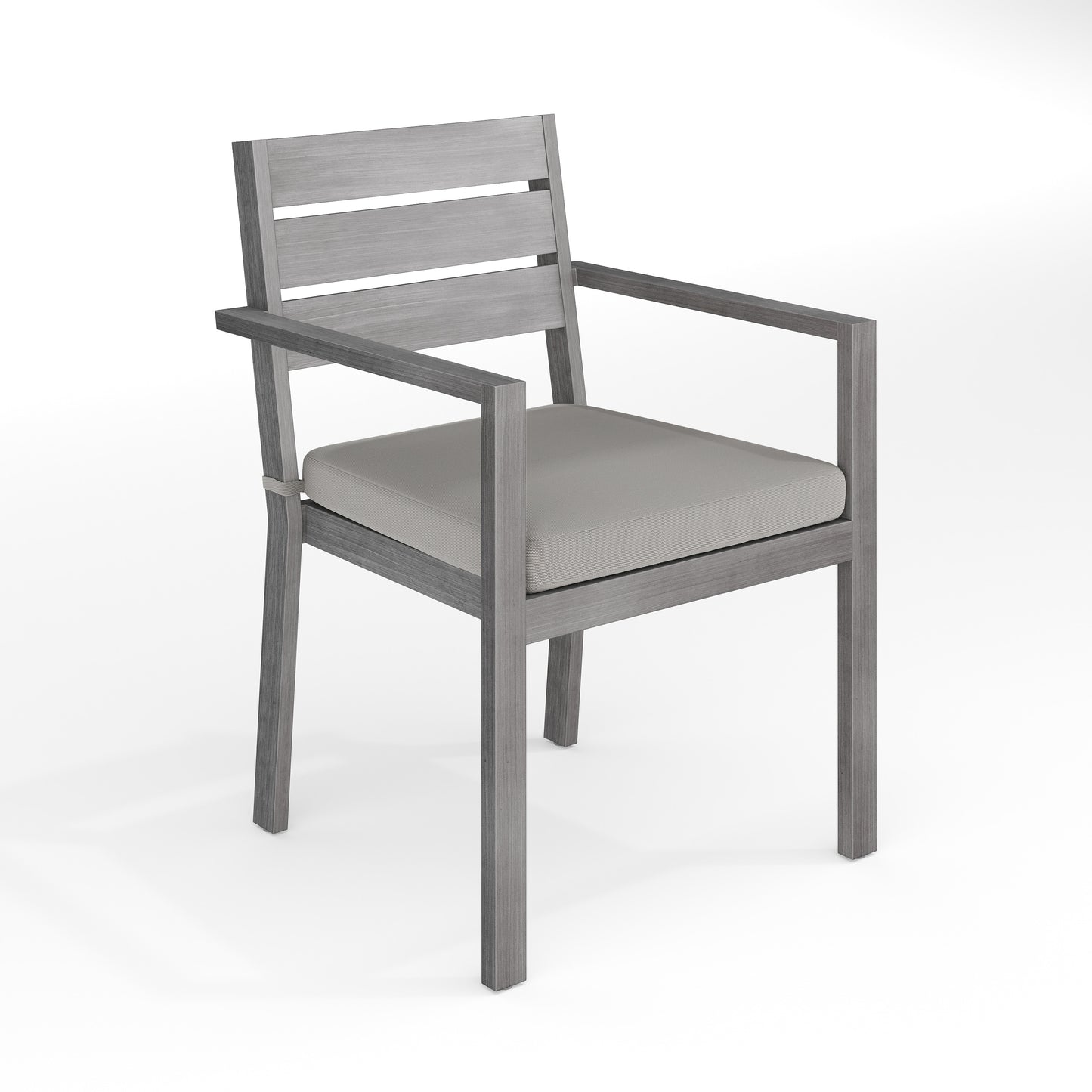 Martha Stewart Bedford Indoor-Outdoor Stackable Patio Dining Armchair with Gray Brushed Woodgrain Aluminum Finish and Gray All-Weather Seat Cushion