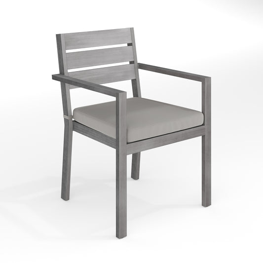 Martha Stewart Bedford Indoor-Outdoor Stackable Patio Dining Armchair with Gray Brushed Woodgrain Aluminum Finish and Gray All-Weather Seat Cushion