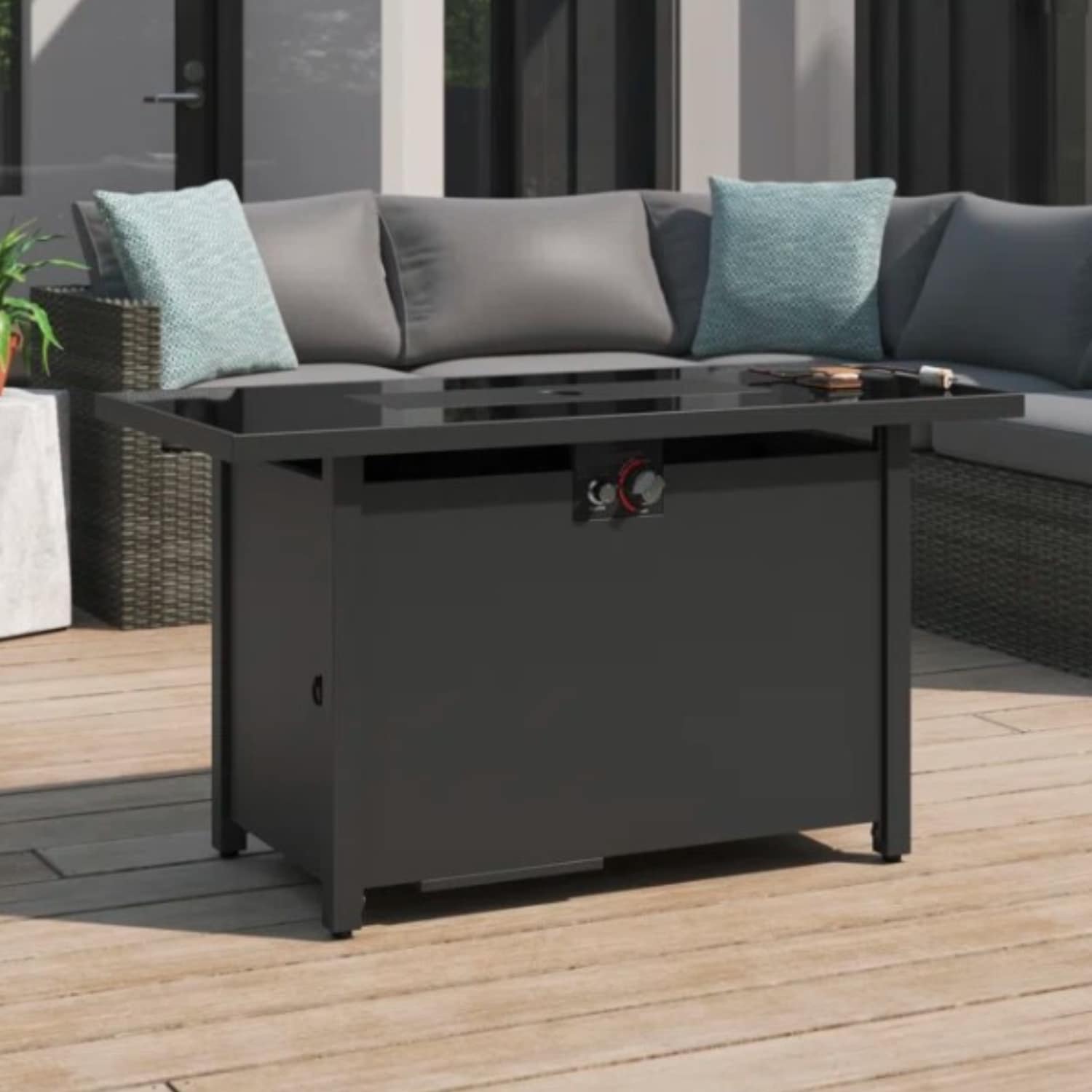 LOVMOR 25 inch H x 42 inch W Steel Outdoor Fire Pit Table with Lid