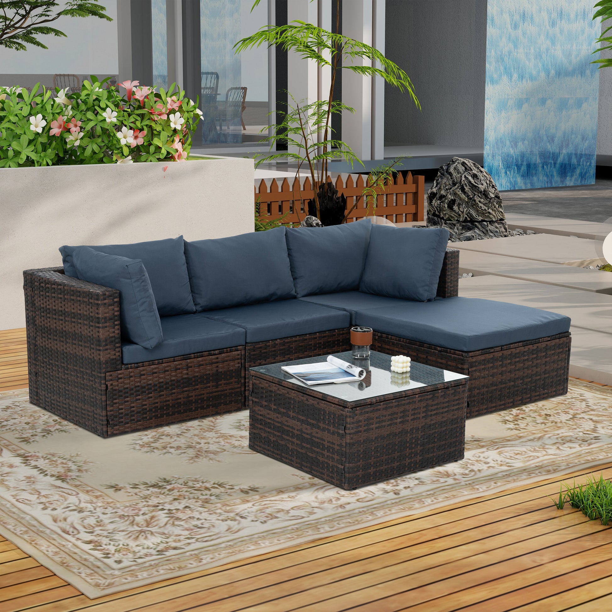 LOVMOR Patio Outdoor Seasonal Pe Wicker Furniture 5 Set With Tempered Glass Coffee Table