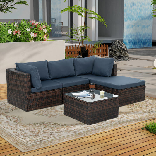 LOVMOR Patio Outdoor Seasonal Pe Wicker Furniture 5 Set With Tempered Glass Coffee Table