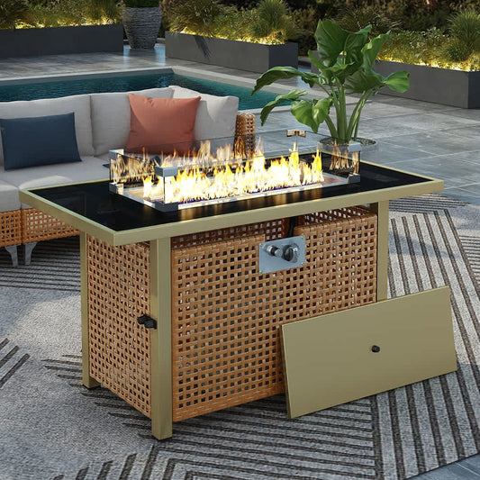 JUJABU Yellow 43in Propane Gas Fire Pit Table 60000 BTU Rectangular with Glass Wind Guard for Outside